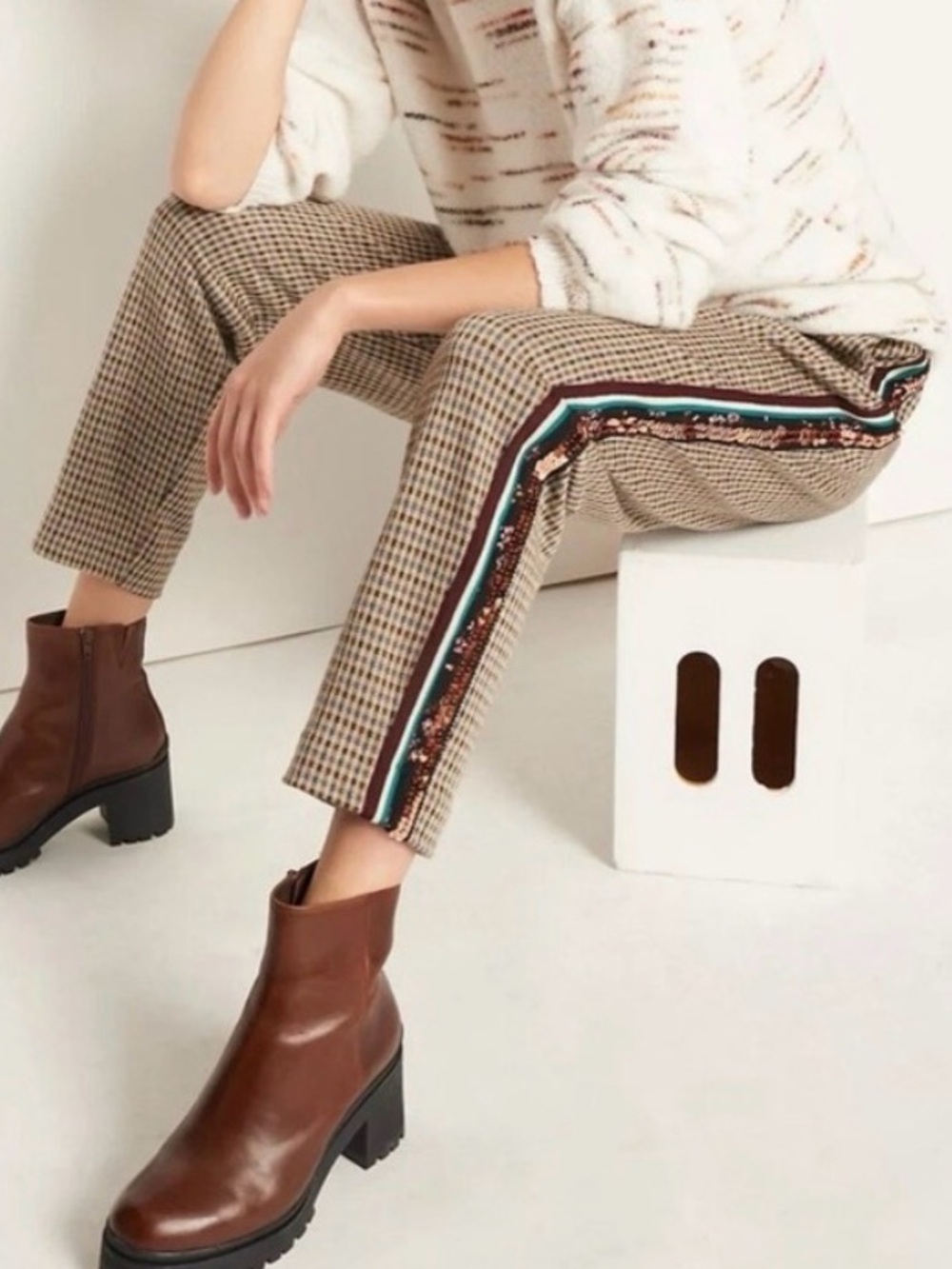 Anthropologie Maeve Bettie Plaid Sequin Side Stipe Tapered Pull On Trousers Sz S